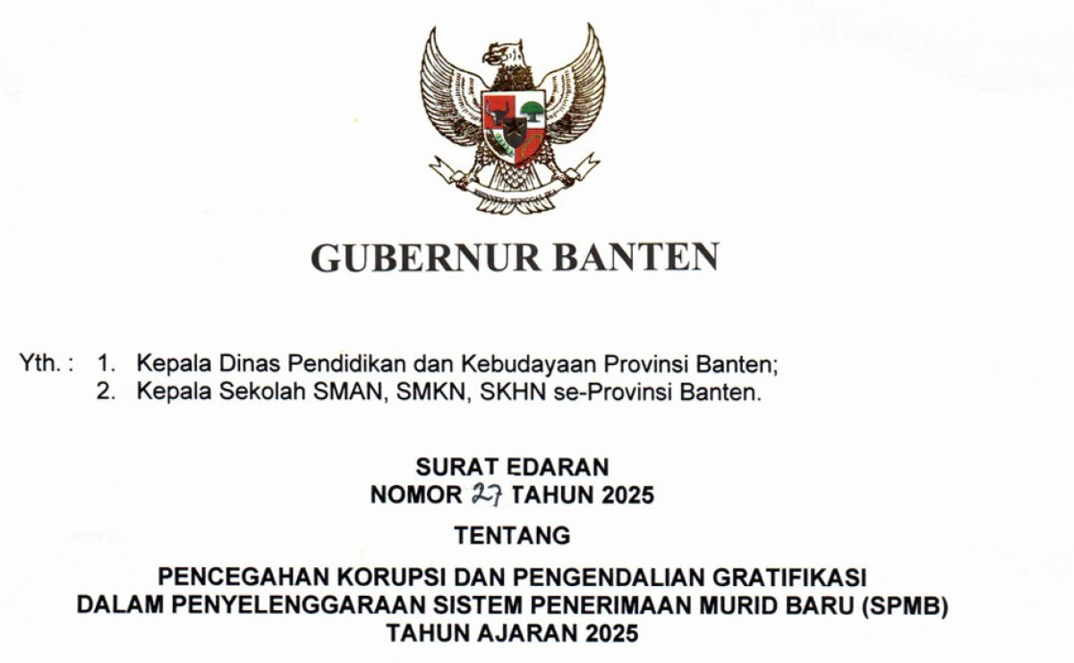 Surat Edaran Gubernur Cegah Korupsi dan Laporkan Gratifikasi dalam SPMB SMA, SMK dan SKh Negeri di Banten