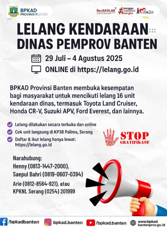 l 2025 BPKAD Provinsi Banten Gelar Lelang 16 Unit Kendaraan Dinas Milik Pemprov Secara Online Penawaran Dibuka 29 Juli hingga 4 Agustus 2025 via lelang.go.id