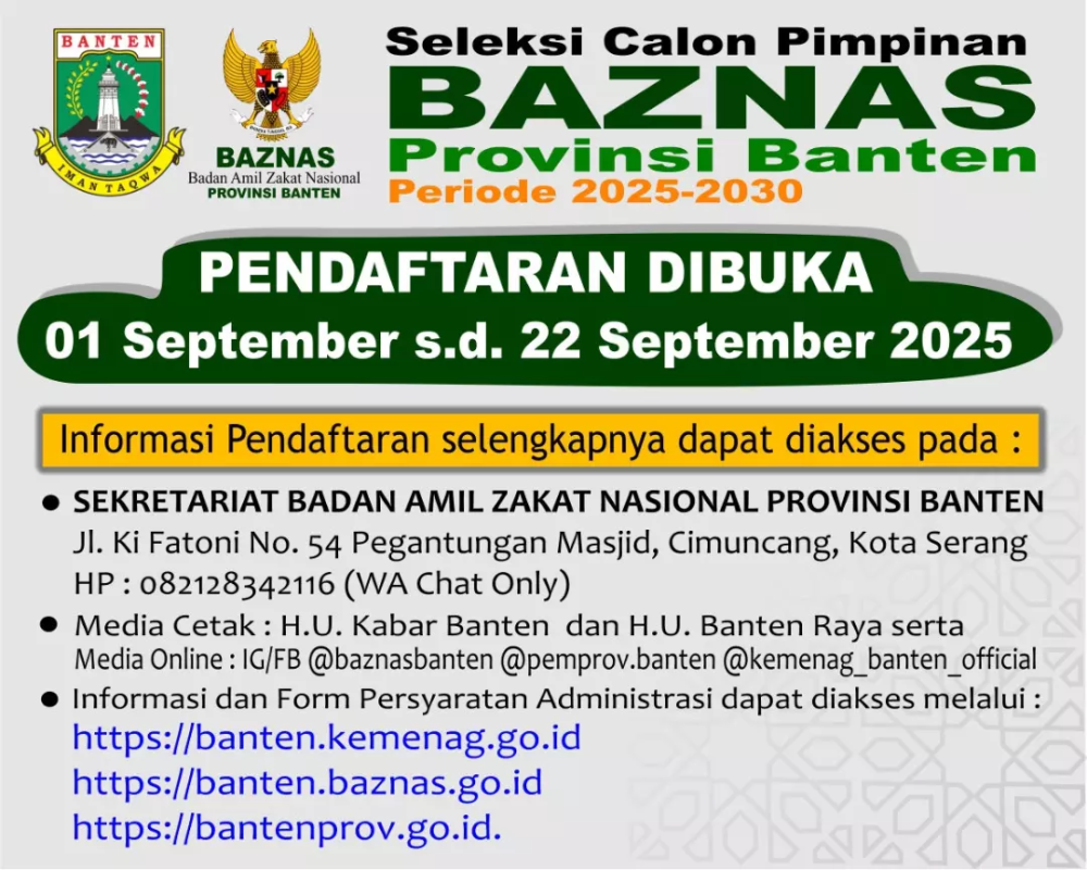 Pendaftaran Seleksi Calon Pimpinan Baznas Provinsi Banten Periode 2025 – 2030